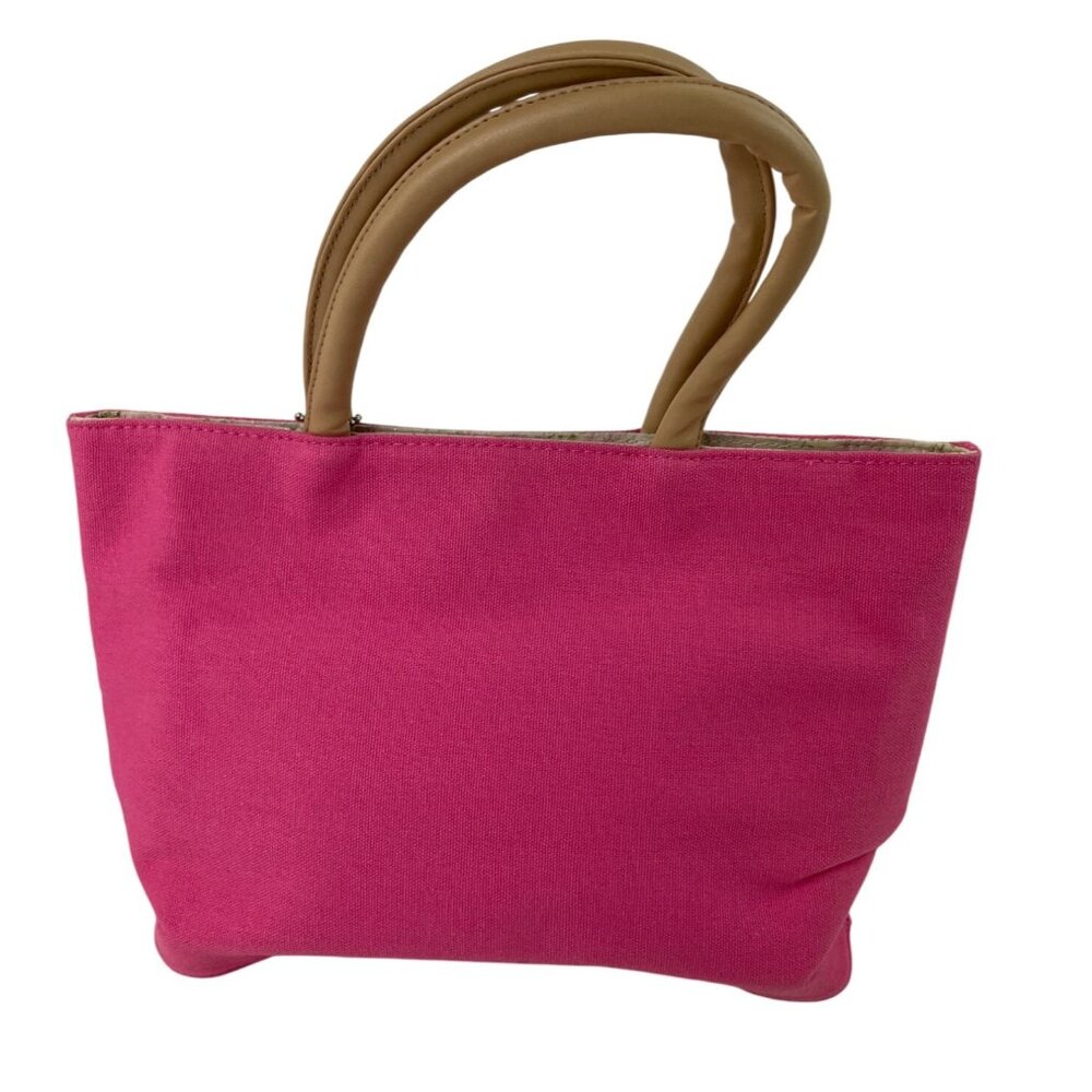 LuLu Pink Canvas & Faux Leather Tote Bag With Beige Handles - Picture 4 of 11